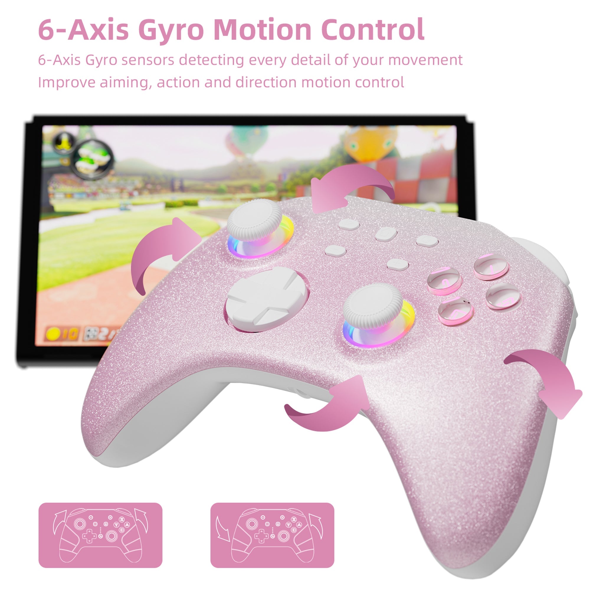 Mytrix Pink Glitter Gradient Wireless Pro RGB Controller with Programmable Back Buttons and Turbo, for Nintendo Switch, PC, Android & iOS Mytrix Pink Glitter Gradient Wireless Pro RGB Controller with Programmable Back Buttons and Turbo, for Nintendo Switch, PC, Android & iOS